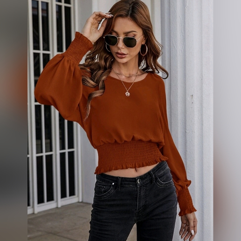 Solid Bishop Sleeve Shirred Blouse